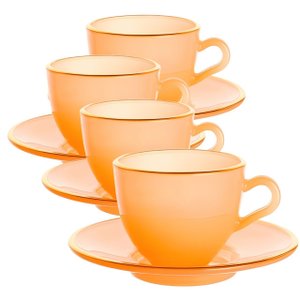 Jogo de Xícaras para Café Matte Salmão com Borda Dourada em Cristal com Pires 85ml - 8 Peças