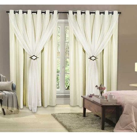 Cortina Voil com Forro Blackout PVC Palha 2,00M x 1,80M 100% Corta Luz com Ilhós Tabaco para Varão S