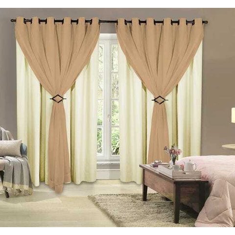 Cortina Voil com Forro Blackout PVC Avelã 2,00M x 1,80M 100% Corta Luz com Ilhós Tabaco para Varão S