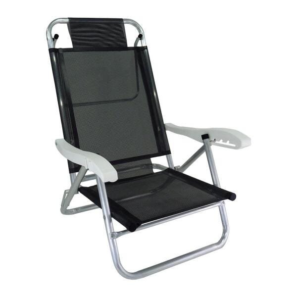 Cadeira de Praia Alumínio Reforçada 5 Posições Banho de Sol Preta Zaka 120 KG