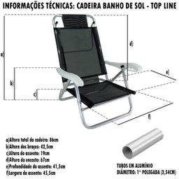 Cadeira de Praia Alumínio Reforçada 5 Posições Top Line Preta Zaka 120 KG - 4