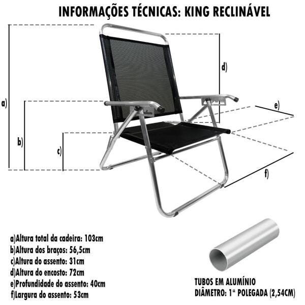 Cadeira Alumínio King Reclinável 140kg 5 Posições Marinho Zaka Super Resistente - 3