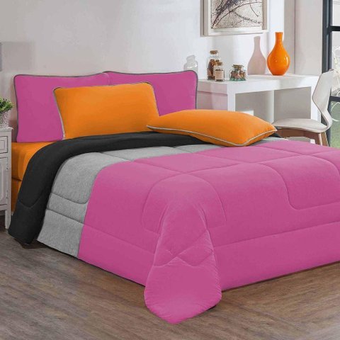 Kit Edredom + Jogo de Lençol Malha 100% Algodão Urbano 6 Peças Queen - Pink-mescla-laranja