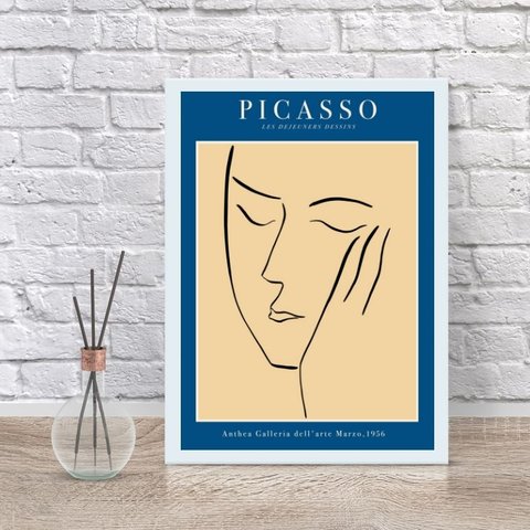 Quadro Poster Picasso Minimalista azul 33x24cm - com Vidro:madeira Preta