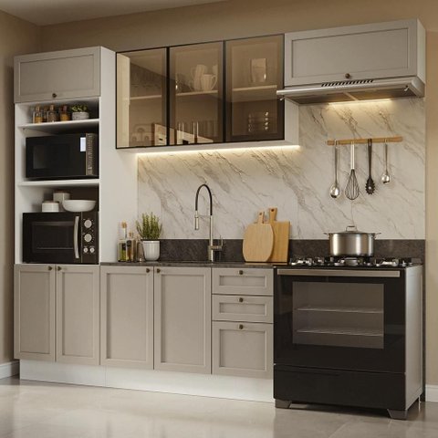 Cozinha Completa Vik 9 Portas 3 Gavetas MDP 270cm Branco e Crema
