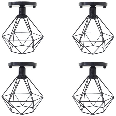 4 Lustres Teto Plafon Industrial Aramado Diamante Retrô Luminária Sobrepor Vintage Preto