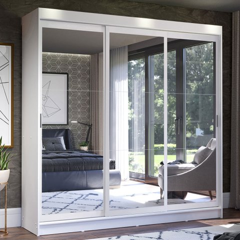 Guarda-Roupa Casal Madesa Istambul 3 Portas de Correr de Espelho 3 Gavetas Branco Cor:Branco