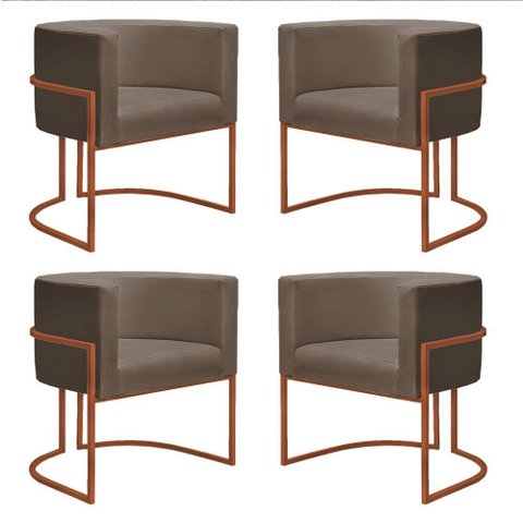 Kit 4 Poltronas Reforçada Decorativa Sala Nayara Base Ferro Bronze Suede Capuccino