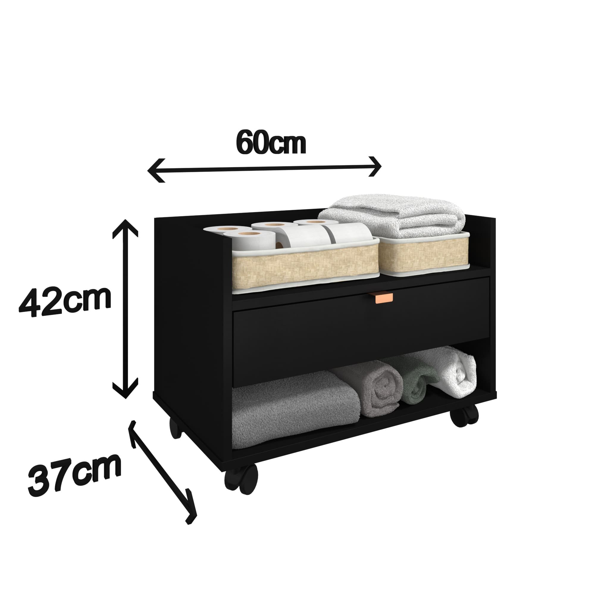 Gabinete Gaveteiro para Banheiro 60cm de Madeira com Rodízios Gaveta Preto com Cobre - 5