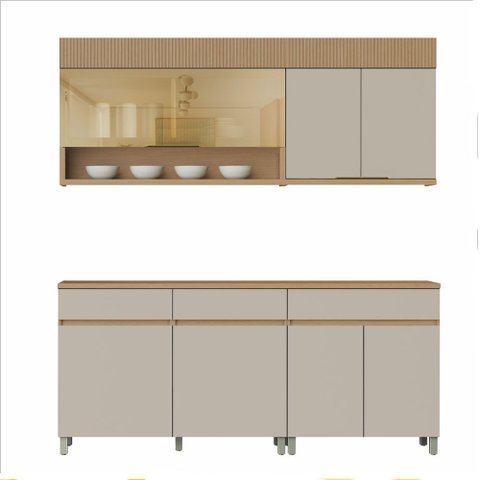 Cozinha 4 Peças 6 Portas 1 Porta Vidro 3 Gavetas Realeza Premium 200 Cm Mdf Nesher