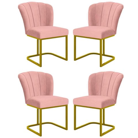 Kit 4 Cadeiras Poltrona Flor Pés Metal Dourado Mesa Sala Cozinha Cor:rosa