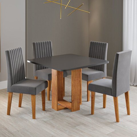 Conjunto Sala de Jantar 4 Lugares Quadrada Tampo de MDF Sophia Cinza/Mel
