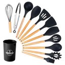 Ver imagem 1 de Kit 12 Utensilios de Cozinha Silicone com Suporte e Cabo de Madeira Bambu Antiaderentes Kitchen Uten