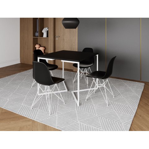 Mesa Industrial Base Ferro Branco em V Tampo 90x90 Preto 4 Cadeiras Eames Ferro Assento Preto