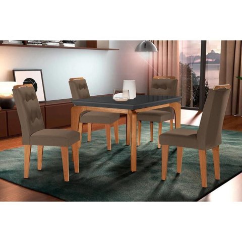 Conjunto: Mesa de Cozinha Londrina C/ Tampo Madeirado C/ Vidro Canto Reto 120x80cm e 4 Cadeiras