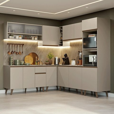 Armário de Cozinha Completa de Canto 445cm Crema Nice Madesa 02