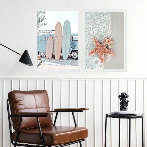Kit 2 Quadros Decorativos de Praia - Surf Estrela do Mar 45x34cm - com Vidro:moldura Branca