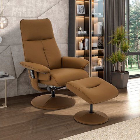 Cadeira Poltrona de Massagem Reclinável e Giratória Arizona com Apoio de Pés Pu Caramelo G56 - Gran 