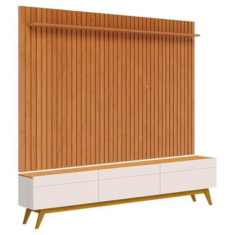 Rack Bancada Classic 3 Gavetas com Painel para Tv Suspenso Ripado Loft 2.2 Off White Nature - Imcal