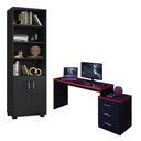 Ver imagem 1 de Mesa para Computador Gamer Drx 5000 e Livreiro Office com Portas Pequenas Preto Trama Vermelho - Mó