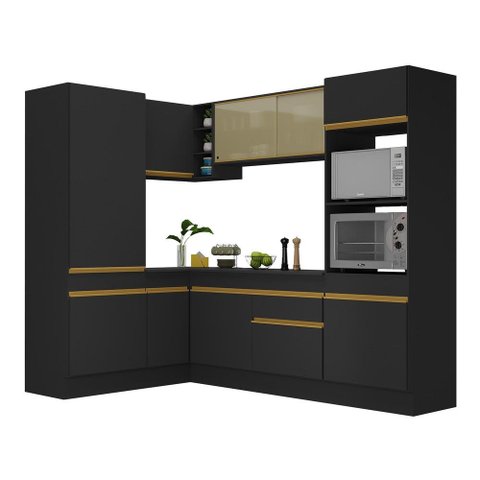 Armário de Cozinha Completa de Canto com Rodapé Veneza Multimóveis V2084 Preto/Dourado