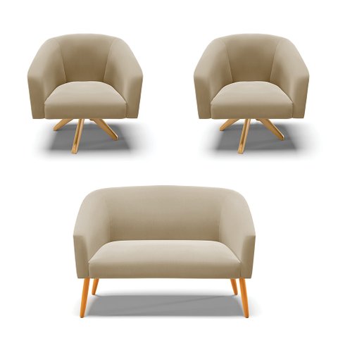 Kit 01 Namoradeira 02 Lugares e 02 Poltronas Giratória Stella Suede Marrom Rato Base Madeira MA30
