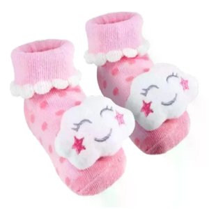 Meias Antiderrapantes com Chocalho Nuvem Rosa Buba +6m-12m Cor:rosa;tamanho:6 a 12m