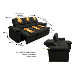 Sofá Retrátil Reclinável Atenas 2,30m Suede Velut Preto c/ Molas no Assento - King House - 2