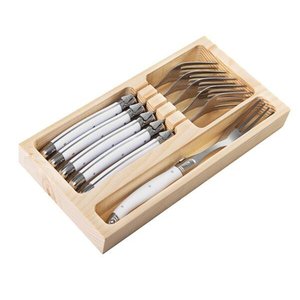 Conjunto 6 Garfos Laguiole Luxo Em Bandeja De Madeira Branco