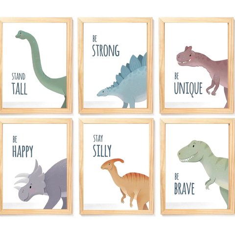 Quadro Infantil Dinossauro 6 un A4 vidro e pendurador
