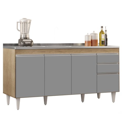 Balcão Gabinete com Pia Inox 160cm Arkansas Castanho/Cinza - Lumil Lumil Móveis