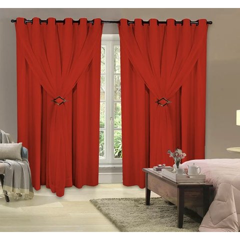 Cortina Decorativa Corta Luz Blackout com Voil para Sala ou Quarto 4,00M x 2,50M Vermelho para Varão