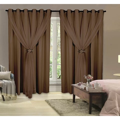 Cortina 100% Corta Luz com Forro Blackout PVC com Voil 2,00M x 2,50M Tabaco para Varão Simples