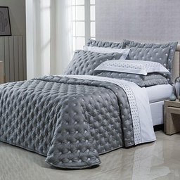 Kit Cobre Leito Colcha Super King 100% Algodão 400 Fios Acetinado Bordado 5 Peças Cinza Escuro - 1