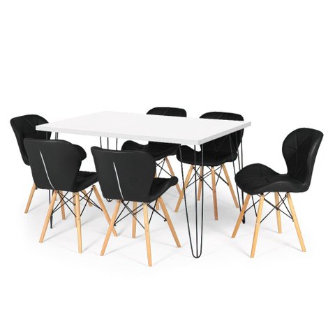 Conjunto Mesa de Jantar Hairpin 130x80 Branca com 6 Cadeiras Eiffel Slim - Preto