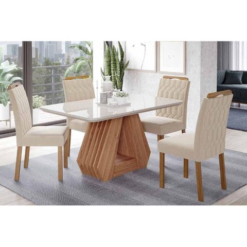 Conjunto: Mesa Sala Jantar Ágata Tampo Madeirado C/ Vidro 130x80cm e 4 Cadeiras Paola Cinamomo/off