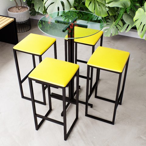 Conjunto Mesa Alta Bar Bistrô Redonda Vidro 4 Bancos Estofado Don Castro Decor