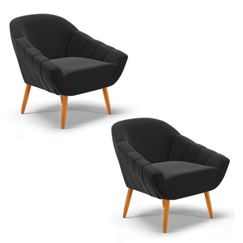 Kit 2 Poltronas Giovana Suede Preto Pés Palito Castanho - D'Rossi