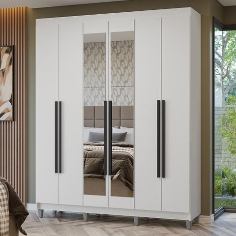 Guarda-Roupa Casal com Pés 6 Portas Batentes com Espelho Netuno Madesa