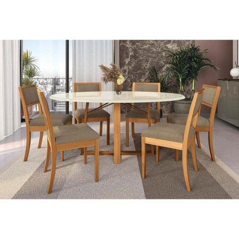 Sala Jantar Mesa Elma Premium Madeira Maciça C/ Tampo Madeirado C/ Vidro 180x105cm e 6 Cadeiras