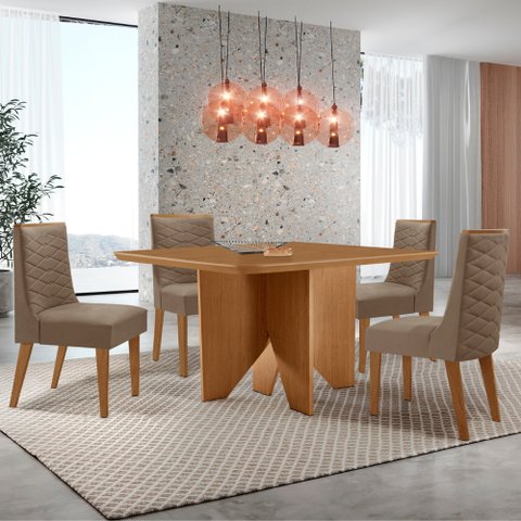 Mesa de Jantar Evora 90cm Mdf Canto Copo e com 4 Cadeiras Safira