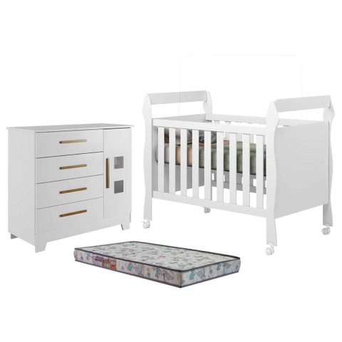 Berço Americano Soninho com Cômoda Fly Branco Acetinado Colchão Americano Sleep - Tigus