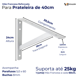 2x Suporte Mão Francesa Reforçada Branca 40cm - 2