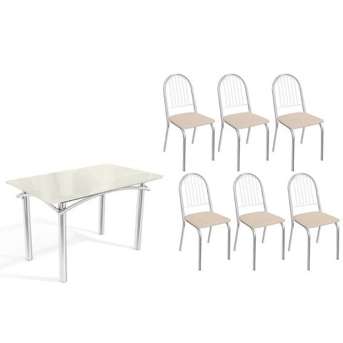 Sala de Jantar Completa Elba Tampo Madeirado C/ Vidro 120cm e 6 Cadeiras Noruega Cromada/off White