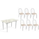 Ver imagem 1 de Sala de Jantar Completa Elba Tampo Madeirado C/ Vidro 120cm e 6 Cadeiras Noruega Cromada/off White