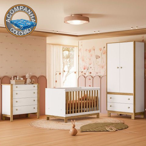 Quarto de Bebê Completo com Berço Slim Cômoda e Roupeiro Flora Branco Freijó Qmovi + Colchão Ortobom