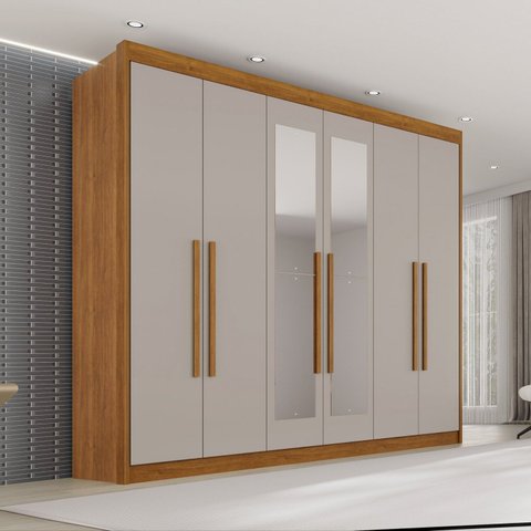 Guarda Roupa Casal com Espelho 6 Portas 6 Gavetas 100% MDF Itália Plus Off White/Cinamomo