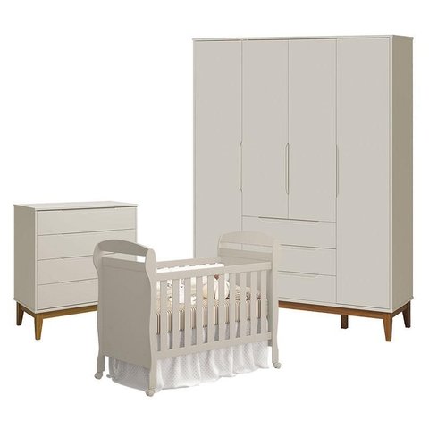 Quarto de Bebê 4 Portas com Cômoda Gaveteiro Elfe Classic e Berço Americano Danny Areia Acetinado Am