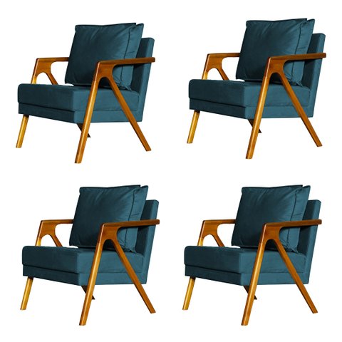 Kit 4 Poltronas Cadeira Marilia Recepção - Suede Azul Royal
