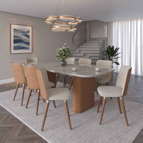 Mesa de Jantar Retangular c/ Vidro para 8 Lugares Lintz 219 cm - Off White Fosco c/ Canella - PU
